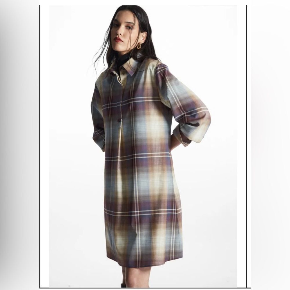 COS Checked Plaid Mini Shirt Dress Long Sleeve Pockets Brown Wool Blend Sz 4